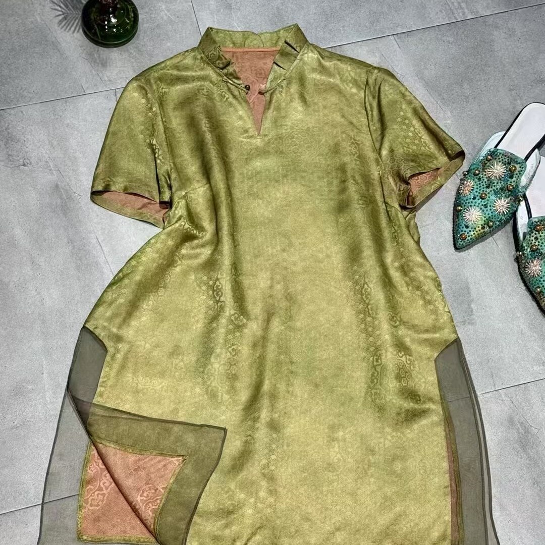 复古提花真丝香云纱新中式连衣裙