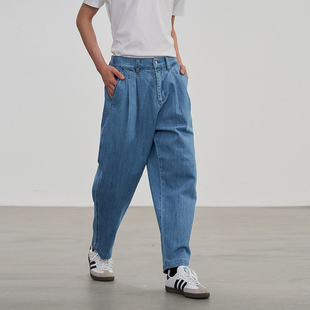 JARVISTORM复古水洗双褶裥牛仔裤春秋宽松版型锥形小脚口休闲裤男