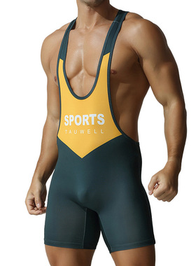 TAUWELL特为健身青年运动潮流男士人生摔跤服塑身连体衣背心短裤