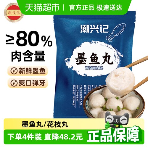 潮兴记火锅食材商用250关东煮潮汕手工墨鱼丸新鲜花枝丸 鱼丸子