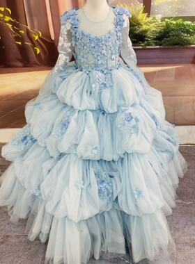 儿童浅蓝色甜美长款公主裙女童晚礼服主持钢琴晚宴演出礼服