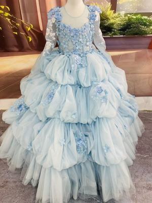 儿童浅蓝色甜美长款公主裙女童晚礼服主持钢琴晚宴演出礼服