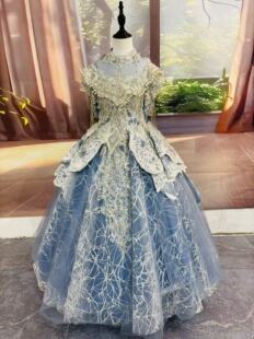 女童礼服轻奢小众高端生日公主裙蓝色夏儿童走秀主持人钢琴演出服