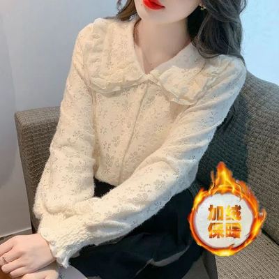 法式娃娃领加绒蕾丝衬衫女秋冬新款百搭小众打底上衣内搭甜美小衫