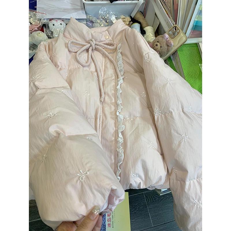 刺绣蝴蝶结绑带立领棉服外套女冬小香风拼接蕾丝超甜美保暖面包服