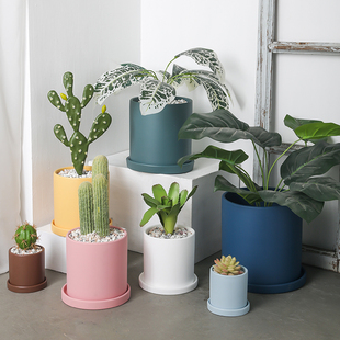 莫兰迪陶土直筒圆柱形北欧多彩花盆室内多肉鲜花绿植简约盆带托盘