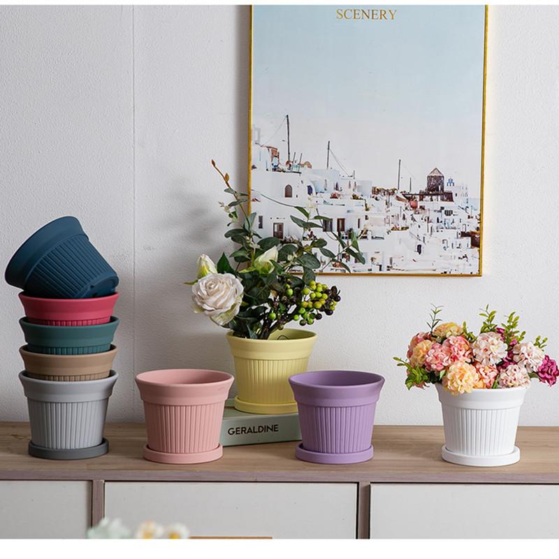 莫兰迪纯色陶土宽边竖纹加仑盆