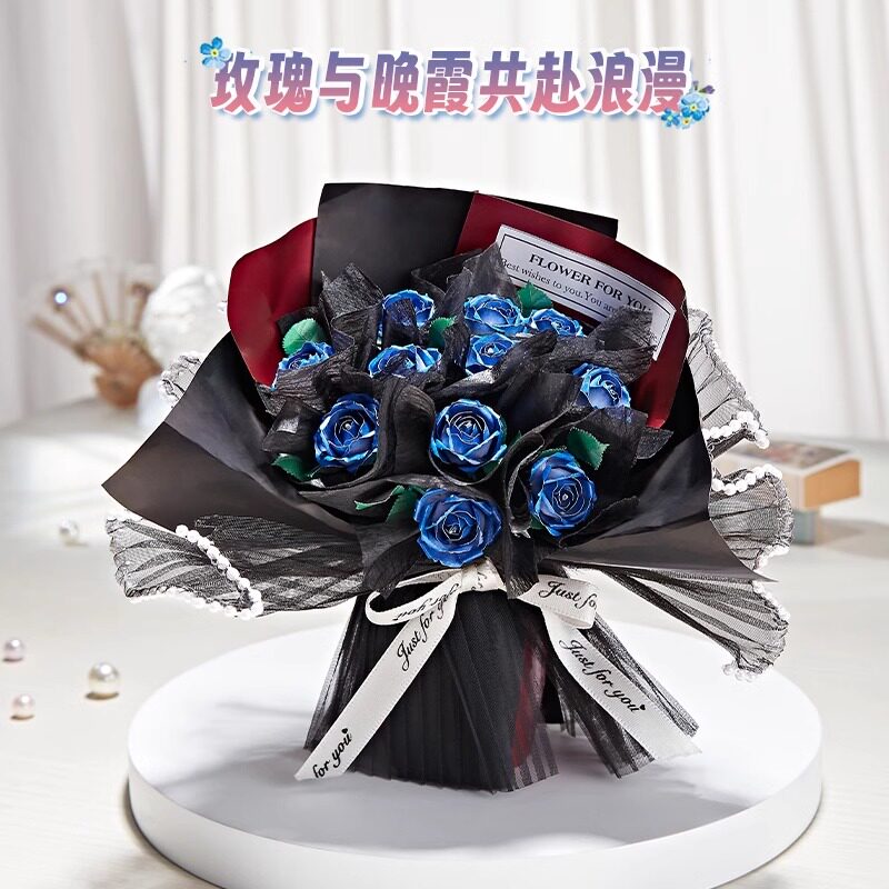 钢达红玫瑰花束3d立体拼图蓝色妖姬金属拼装模型DIY情人节礼物女
