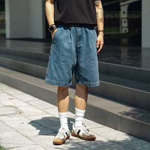 男 休闲复古牛仔短裤 cityboy夏季 日系雪花洗水做旧宽松直筒五分裤