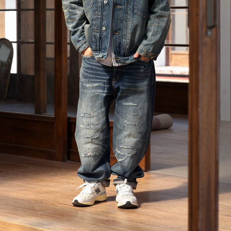 trs复古水洗磨破猫须赤耳牛仔裤