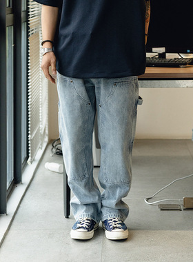 美式复古B01双膝伐木裤cleafit水洗蓝喷马骝牛仔裤宽松直筒工装裤