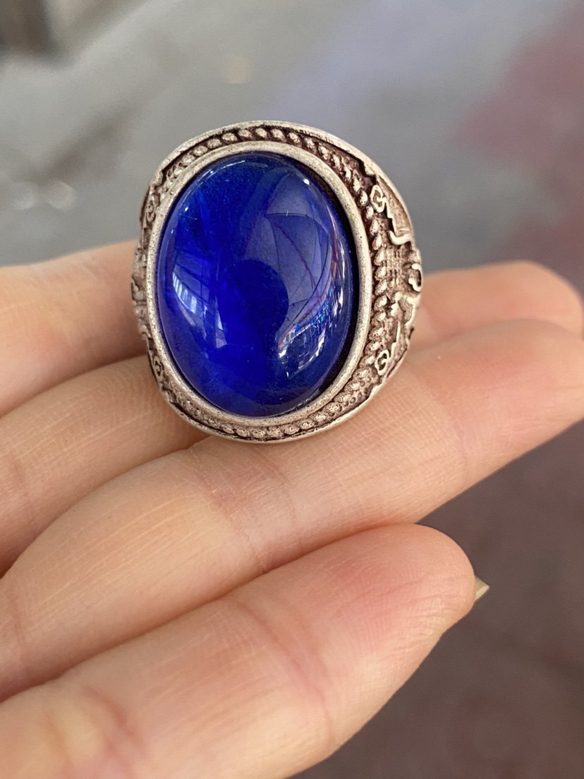 复古古玩收藏仿银男女戒貔开口蓝宝石情侣戒指时尚大气