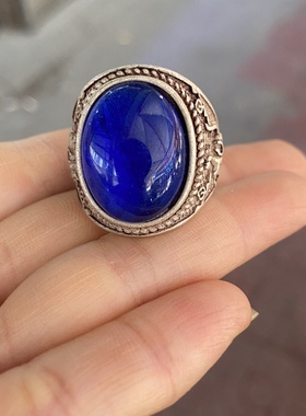 复古古玩收藏仿银男女戒貔开口蓝宝石情侣戒指时尚大气