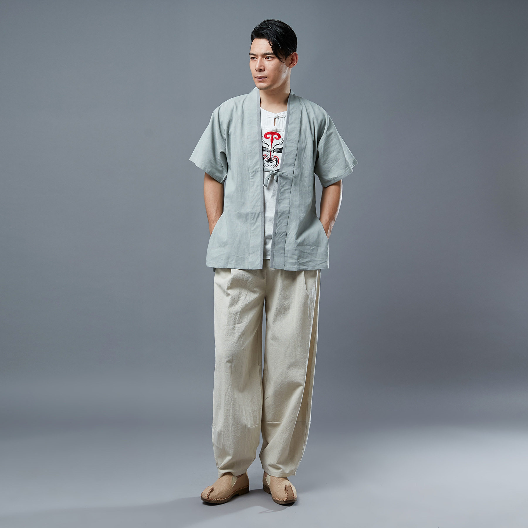 春秋季男士系带汉衫中国男装苎麻休闲短袖衬衫汉服民族风隐士外套