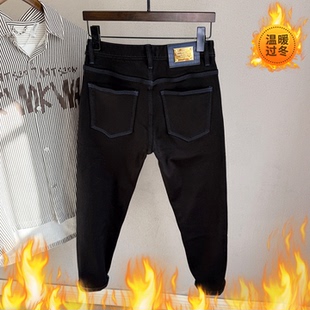 黑色加绒九分裤冬季克莱因蓝三本针纯黑合体直筒保暖牛仔裤男长裤