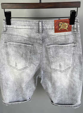 欧货浅灰色牛仔短裤男夏季薄款水洗复古修身弹力时尚刮痕五分中裤