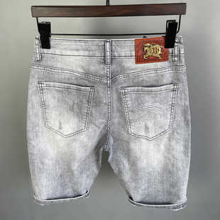欧货浅灰色牛仔短裤男夏季薄款水洗复古修身弹力时尚刮痕五分中裤
