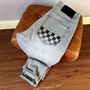 2025春夏新款高端水洗烟灰色牛仔裤男修身小直筒弹力休闲潮牌长裤