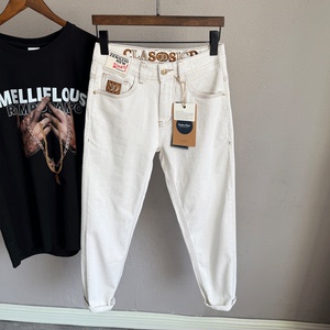 高端米白色轻奢男士牛仔裤2025年夏季薄款舒适锥形修身九分裤长裤