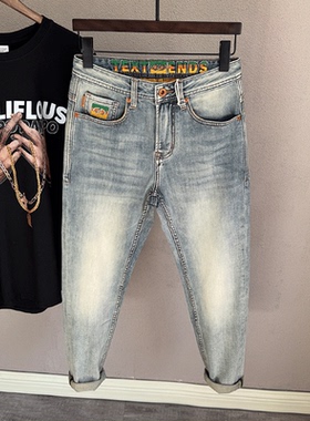 千元级欧美高端微复古蓝色牛仔裤男锥形小脚高级感春夏款9分长裤