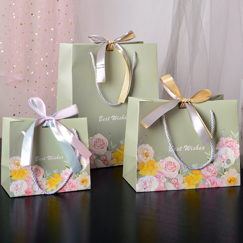 ins风礼品袋百花齐放玫瑰花手提袋浅绿色包装袋化妆品袋双色蝴蝶