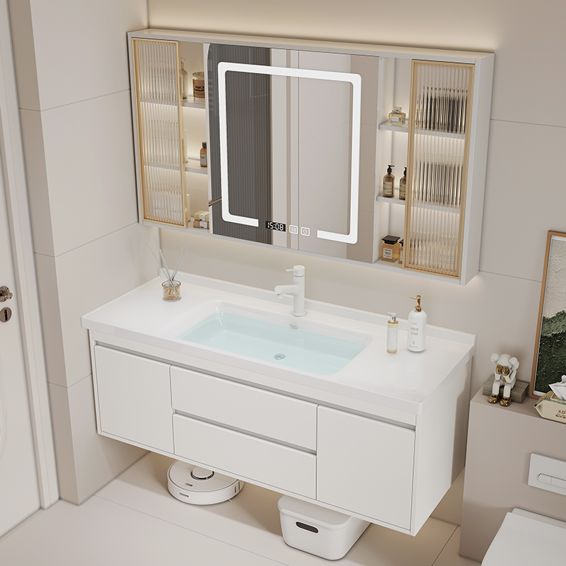 实木一体陶瓷盆简约奶油风浴室柜