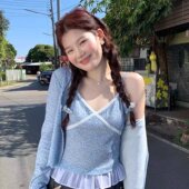 套装 度假风上衣时尚 碎花吊带背心女开衫 火火火素蓝雪松韩版