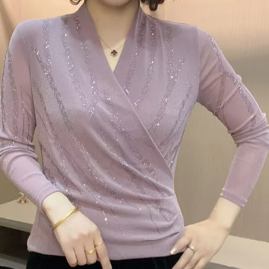 纯色烫钻网纱打底衫百搭