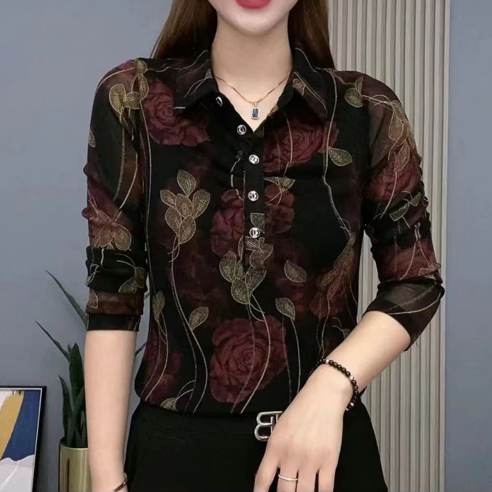 秋季新款女士花色衬衫气质百搭显瘦减龄长袖修身弹力网纱上衣女