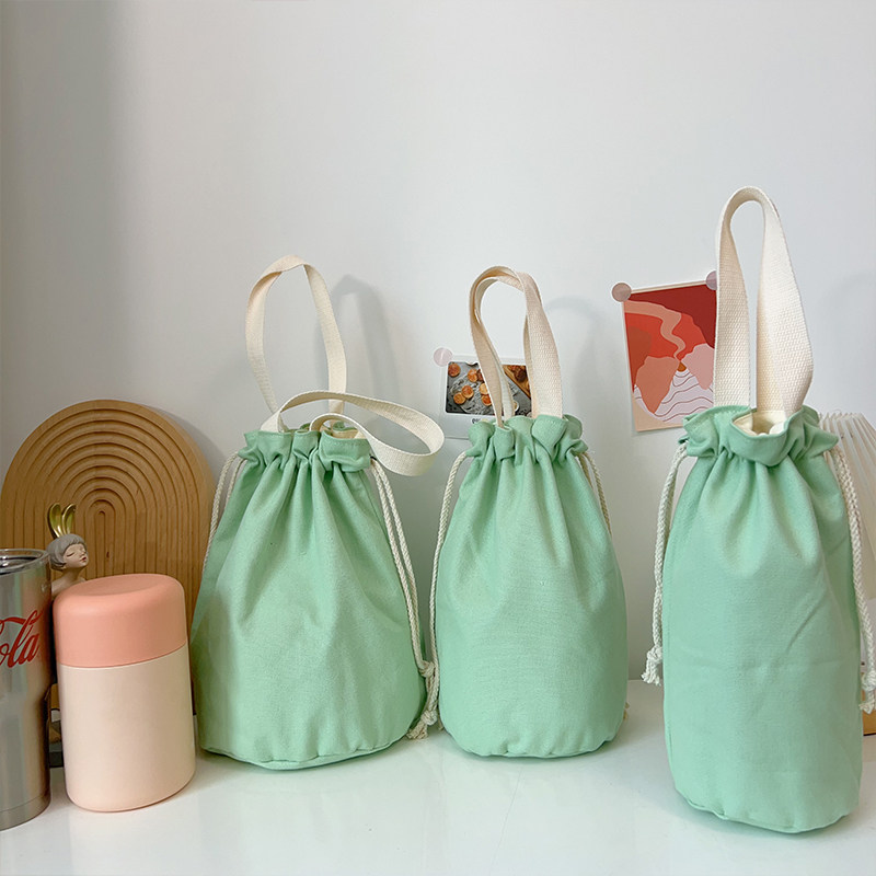 圆形束口帆布包焖烧壶水杯保护套清新苹果绿饭盒手提袋抽绳手拎包