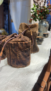 亚麻棉布艺植物染色抑菌纯手工缝线DIY做旧侘寂风 小水桶包收纳包