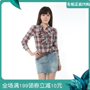 专柜现货女式学院风立领木耳边格子纹修身衬衫RTWC13769