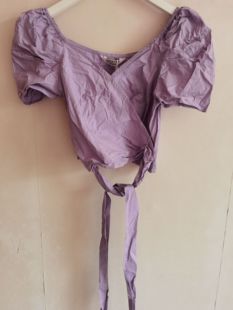 夏季女款泡泡袖交叉修身紫色衬衣衬衫短款V领系带上衣12号袋