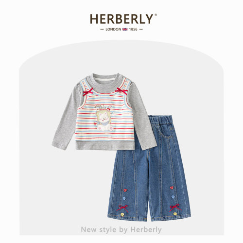 赫柏莉HERBERRY女童休闲套装春秋时髦小女孩卡通假两件上衣牛仔裤