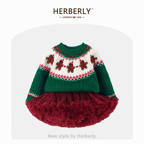 赫柏莉HERBERRY女童圣诞节新年服冬季可爱儿童加厚毛衣tutu裙套装
