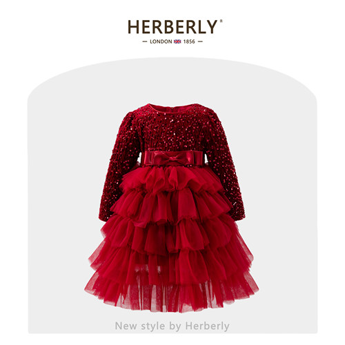 赫柏莉HERBERRY女童加绒连衣裙秋冬装洋气小女孩红色蓬蓬纱公主裙