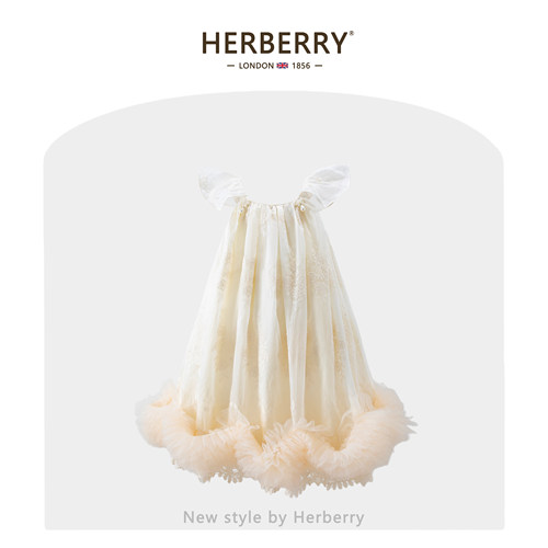 赫柏莉HERBERRY女童飞袖花朵连衣裙夏装法式小女孩刺绣花边公主裙