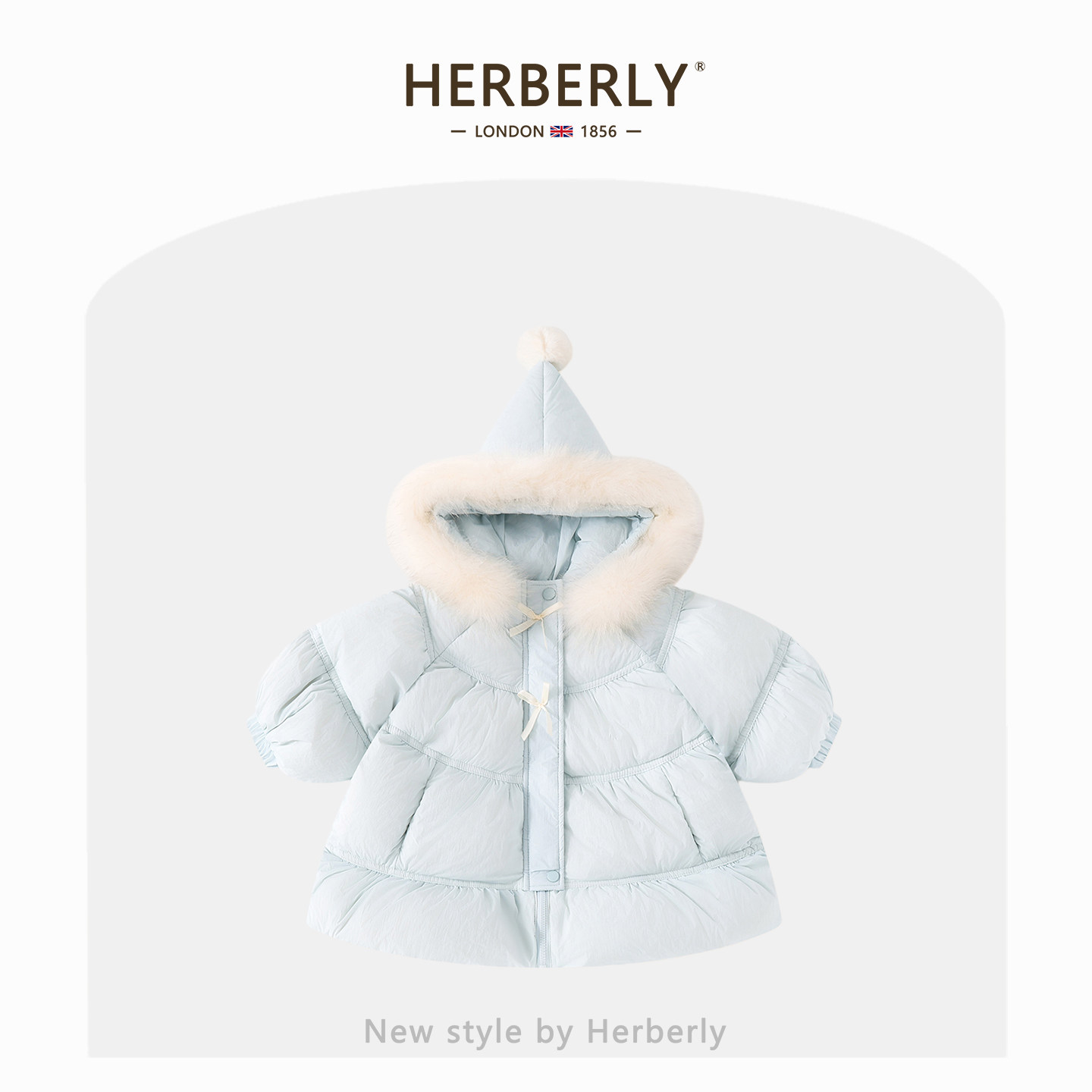 赫柏莉HERBERRY女童90白鸭绒羽绒服冬装甜美小女孩中长款毛领外套