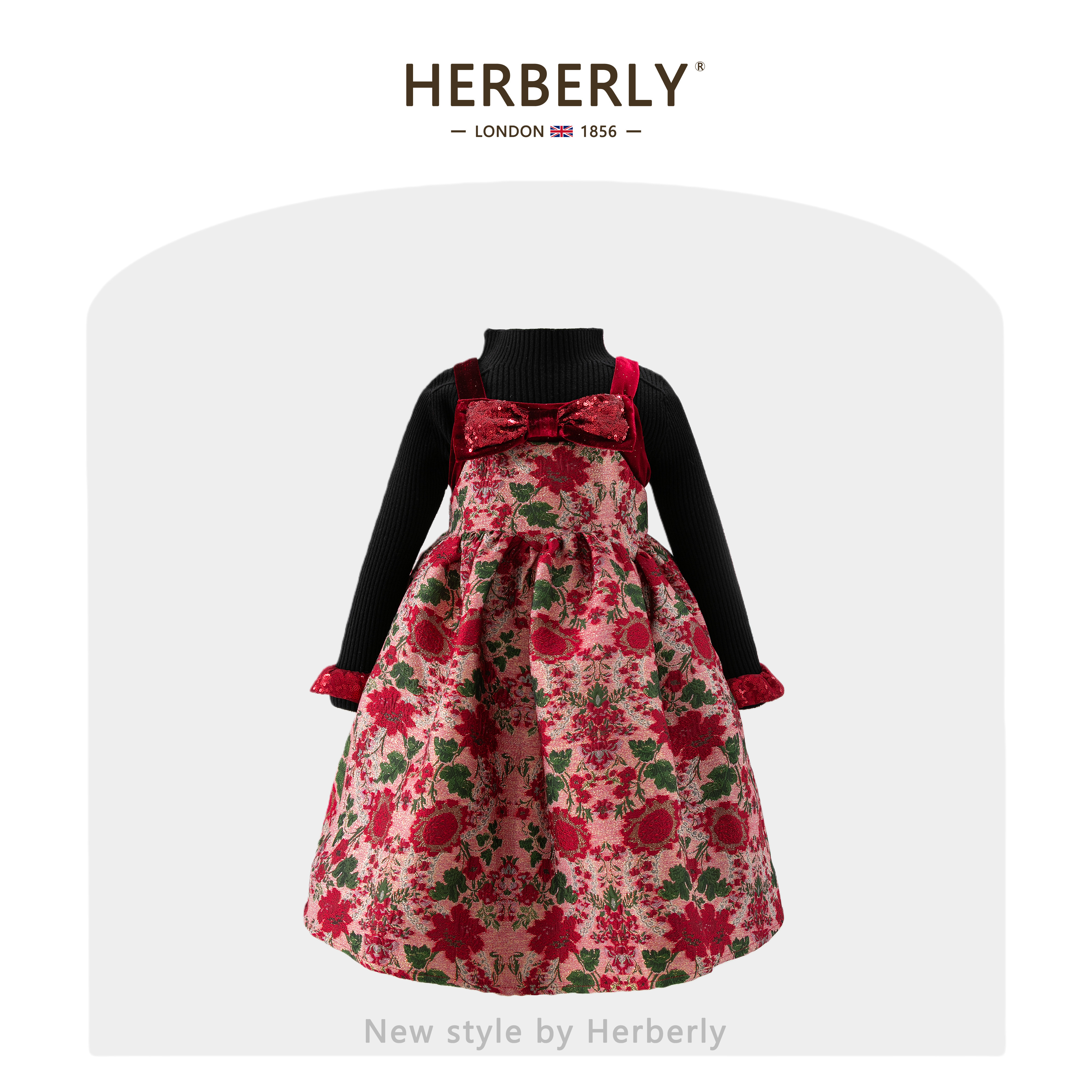 赫柏莉HERBERRY女童加绒连衣裙秋冬洋气小女孩碎花吊带公主裙套装
