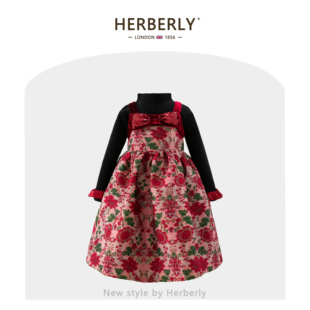 赫柏莉HERBERRY女童加绒连衣裙秋冬洋气小女孩碎花吊带公主裙套装