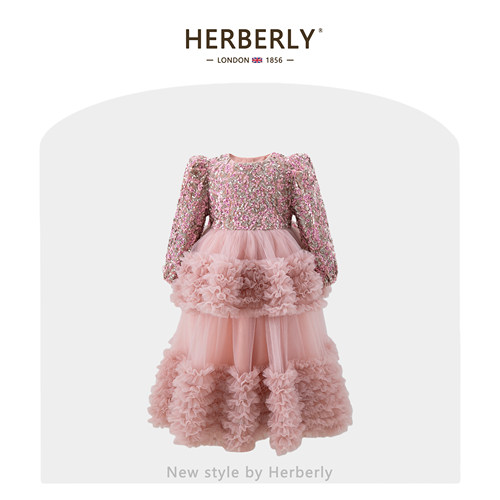 赫柏莉HERBERRY女童蝴蝶结蓬蓬裙秋冬款轻奢小女孩生日礼服公主裙