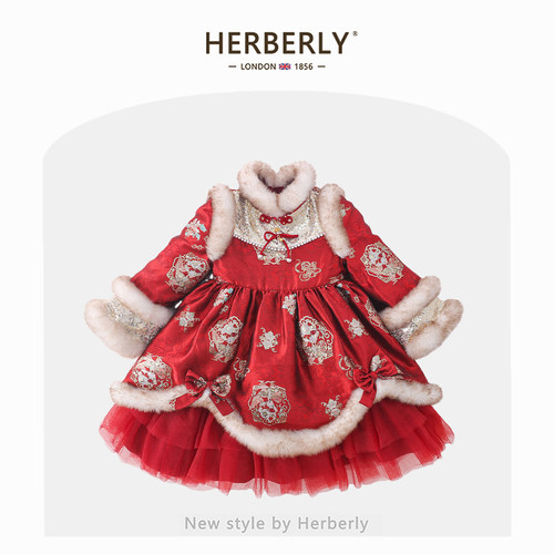 赫柏莉HERBERRY女童加绒拜年服冬装儿童国风旗袍裙宝宝汉服连衣裙