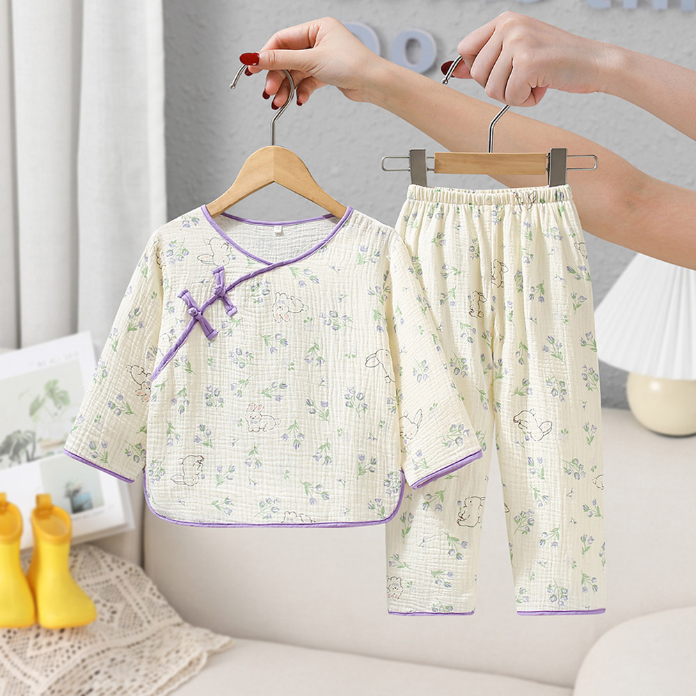 女童夏季薄款纯棉纱布睡衣长袖新中式国风汉服宝宝儿童家居服套装