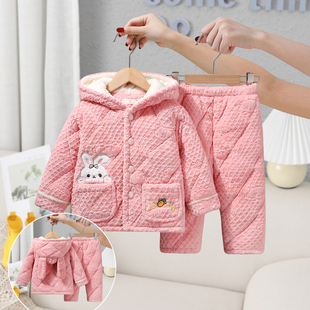 冬款儿童睡衣三层加厚夹棉带帽套装女童小中大童珊瑚绒保暖家居服
