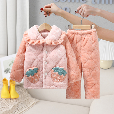 冬季三层夹棉加厚女童珊瑚绒睡衣