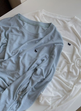 韩国one春夏圆领长袖轻薄小马刺绣图案打底衫显瘦天丝上衣12728