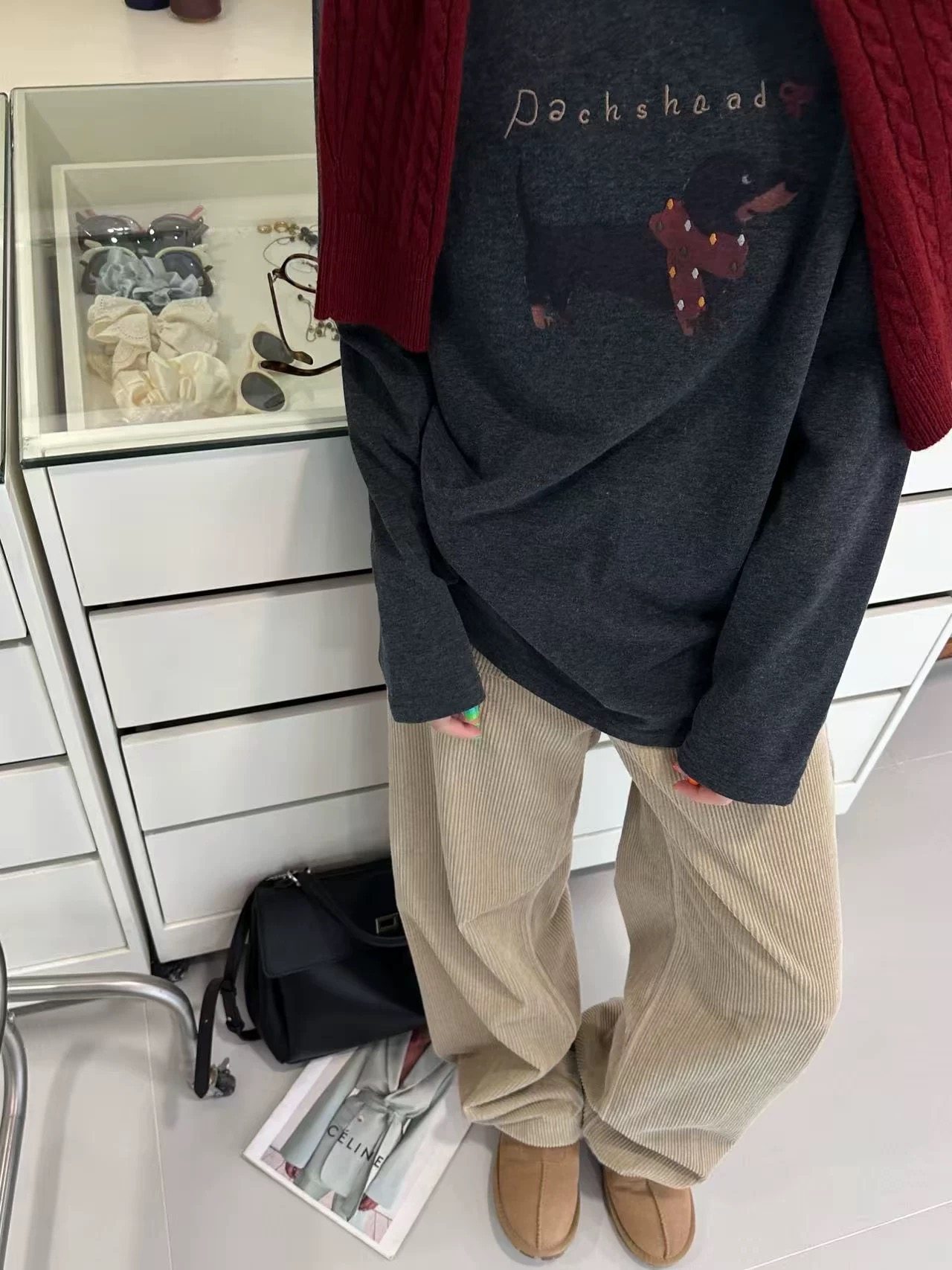 韩国单 秋冬新款腊肠狗印花圆领长袖棉T恤上衣高级深灰