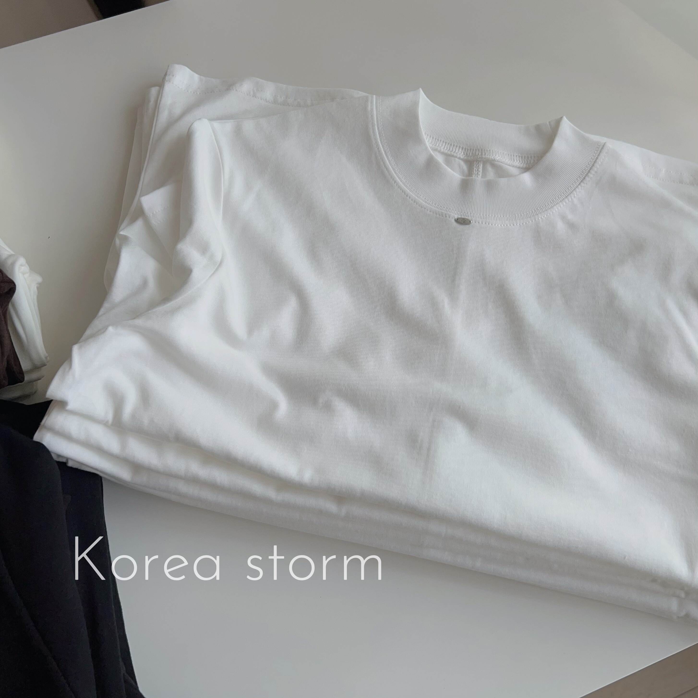 韩国单ONE领口小铁标后背明线 半高领软糯亲肤纯棉打底 T恤 上衣