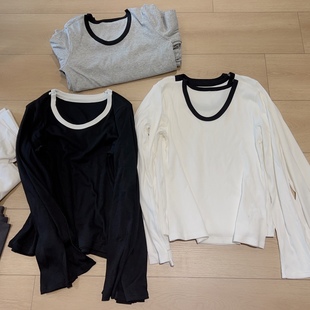 韩国 拼边撞色女装V领通勤搭配长袖T恤 日常穿搭上衣黑白灰