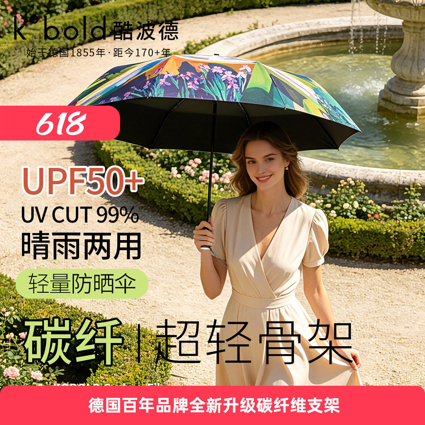 2026新款 KOBOLD德国酷波德三折女士炭纤大伞面103CM便携式晴雨伞图片